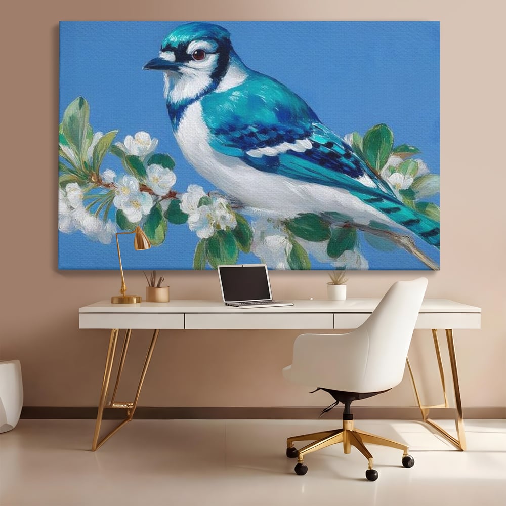 Tablou canvas cu tablou canvas cu gai albastra pe ramura, fara rama, pe sasiu de lemn, pe perete intr-un birou
